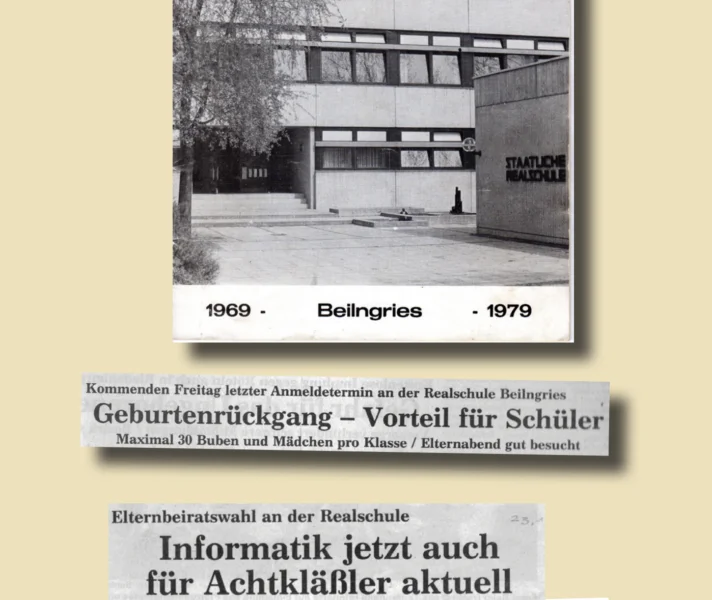 Das Bild zeigt die Schule in den 70er Jahren und einen ersten Informatikunterricht